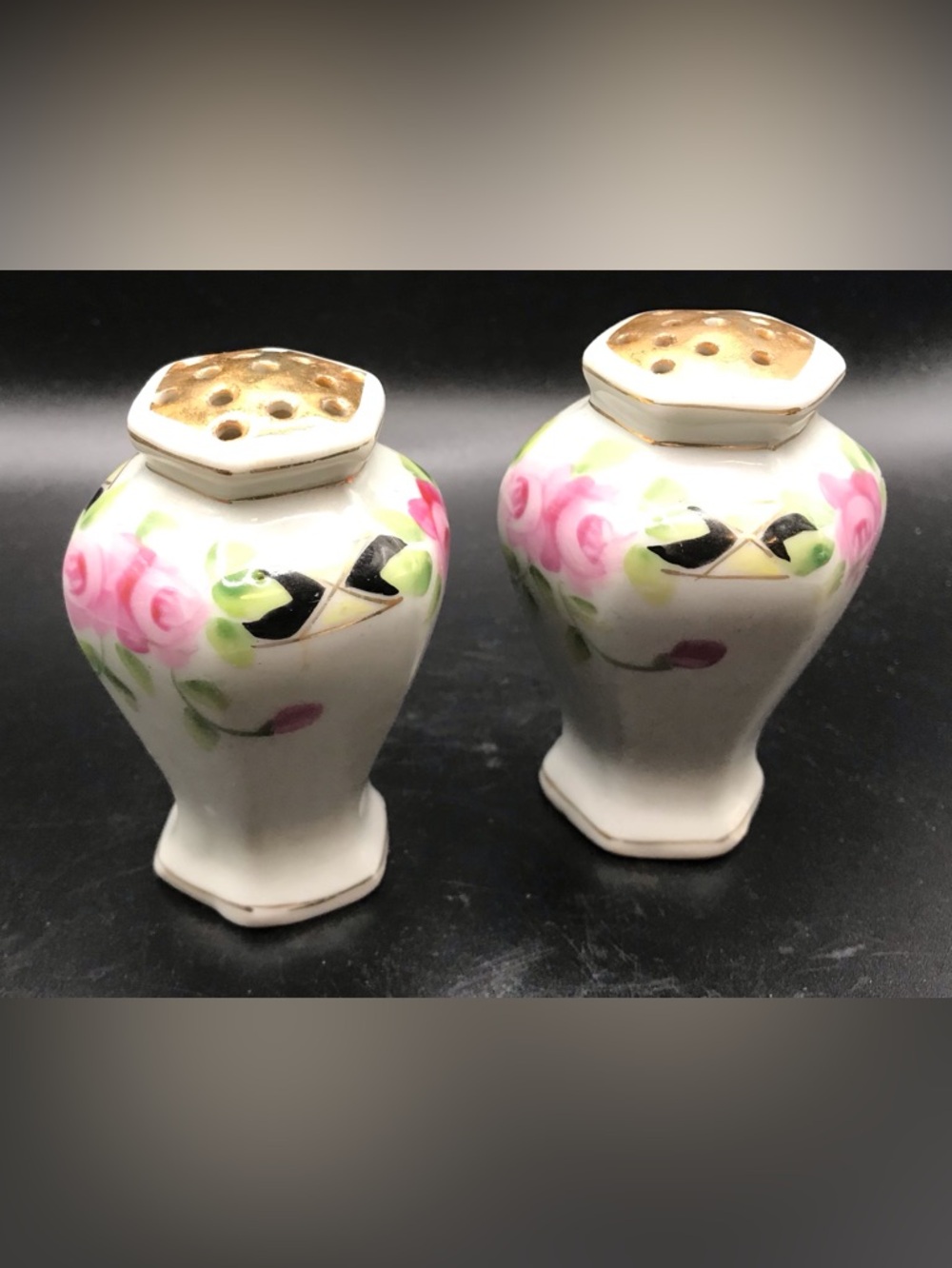 Vintage Rose And Geometric Pattern Salt And Pepper Shakers Japan